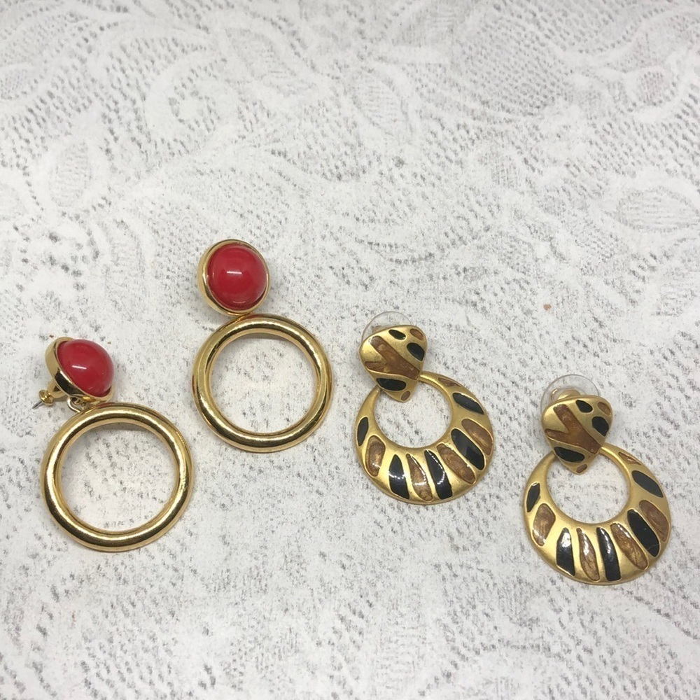 Bundle lot 2 vintage door knocker costume statement earrings gold and enamel.